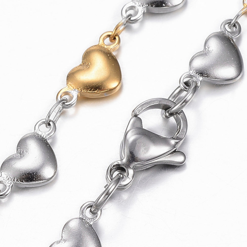 : Two Tone 304 Stainless Steel Heart Link Chain Jewelry Set, Necklace and Bracelet