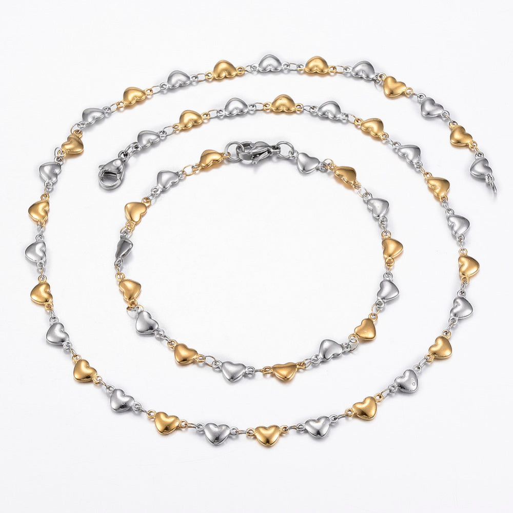:   Two Tone 304 Stainless Steel Heart Link Chain Jewelry Set, Necklace and Bracelet