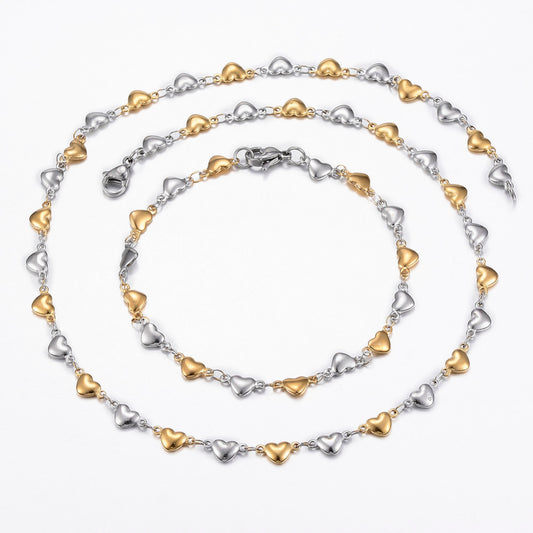 :   Two Tone 304 Stainless Steel Heart Link Chain Jewelry Set, Necklace and Bracelet