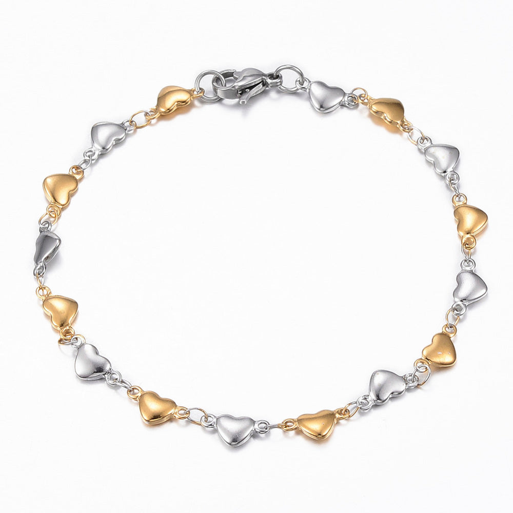 :   Two Tone 304 Stainless Steel Heart Link Chain Jewelry Set, Necklace and Bracelet