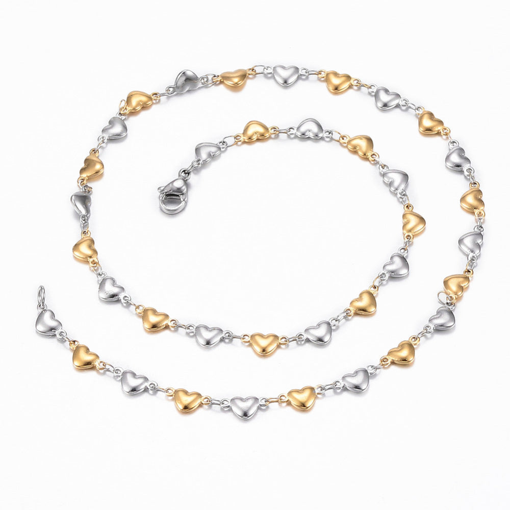 :   Two Tone 304 Stainless Steel Heart Link Chain Jewelry Set, Necklace and Bracelet
