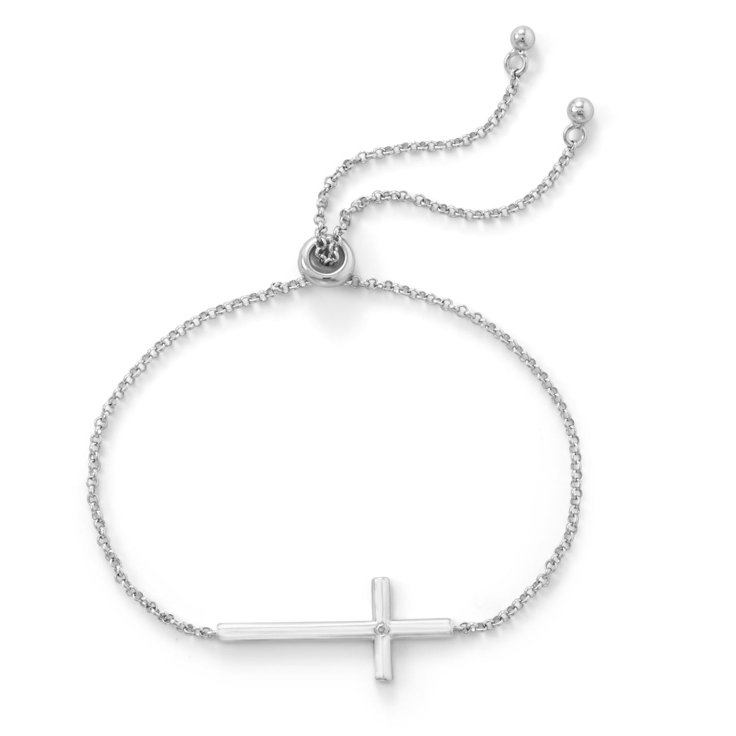 Rhodium Plated Sideways Cross Bolo Bracelet with Diamond