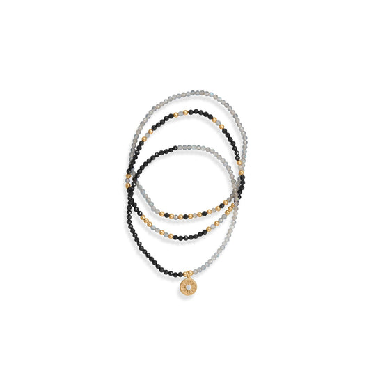 14 Karat Gold Plated Labradorite and Black Spinel Bracelet Set