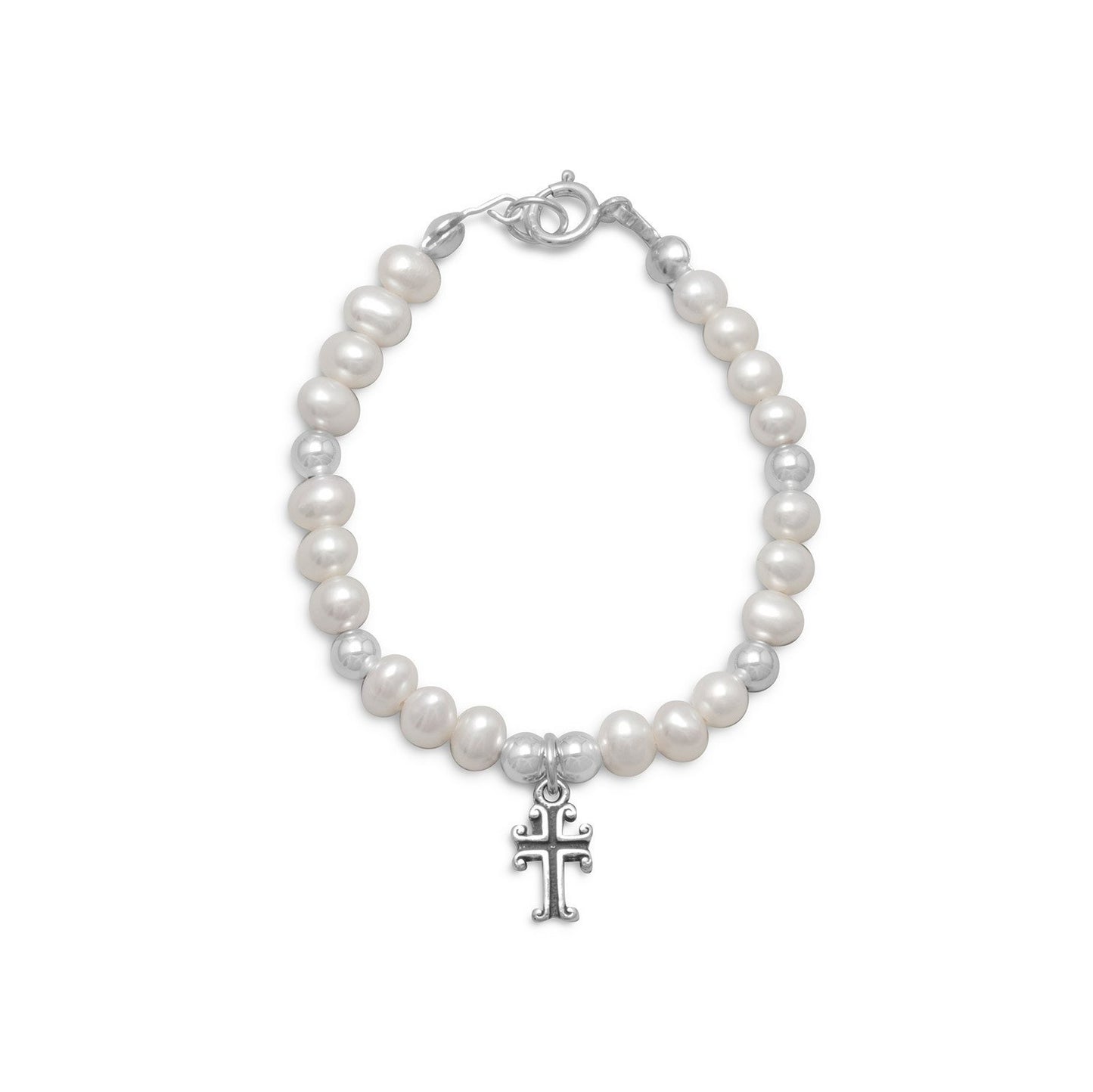 5" White Cultured Freshwater Pearl and Silver Bead Bracelet with Cross