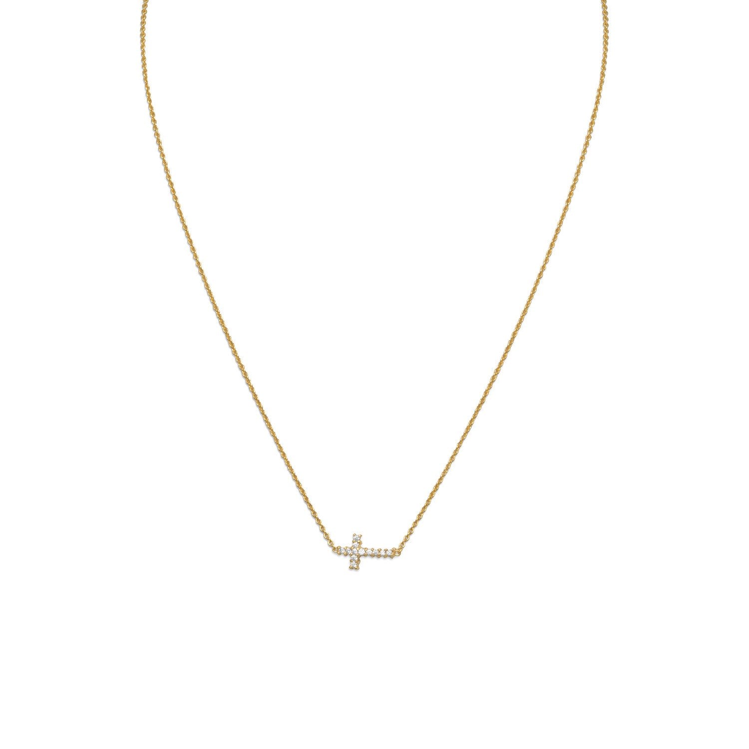 16" 14 Karat Gold Plated Necklace with Sideways CZ Cross