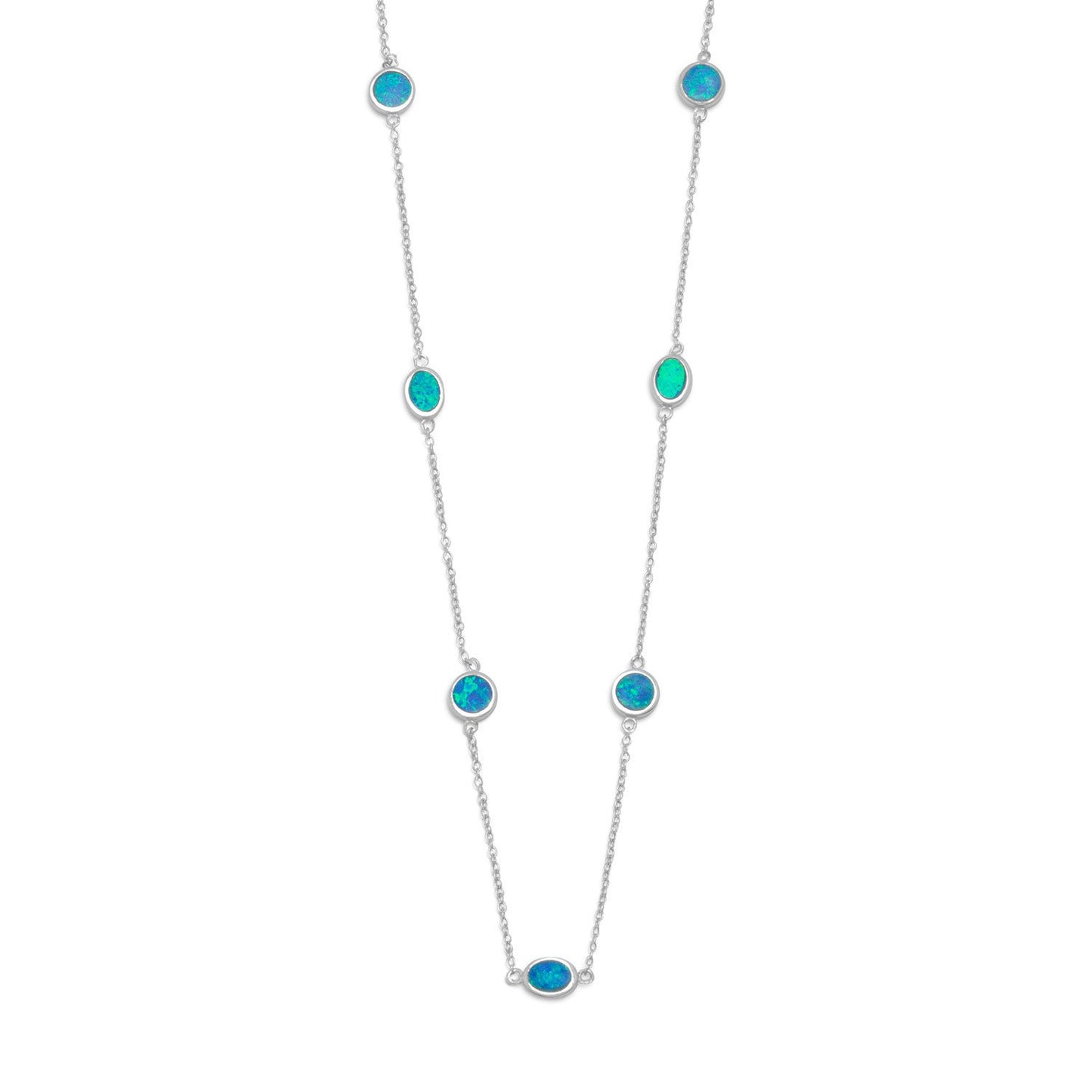 16" + 2" Rhodium Plated Synthetic Blue Opal Necklace