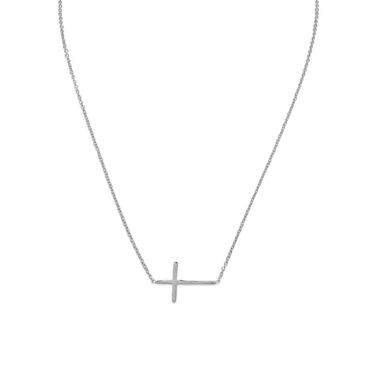 16" + 2" Rhodium Plated Polished Sideways Cross Necklace