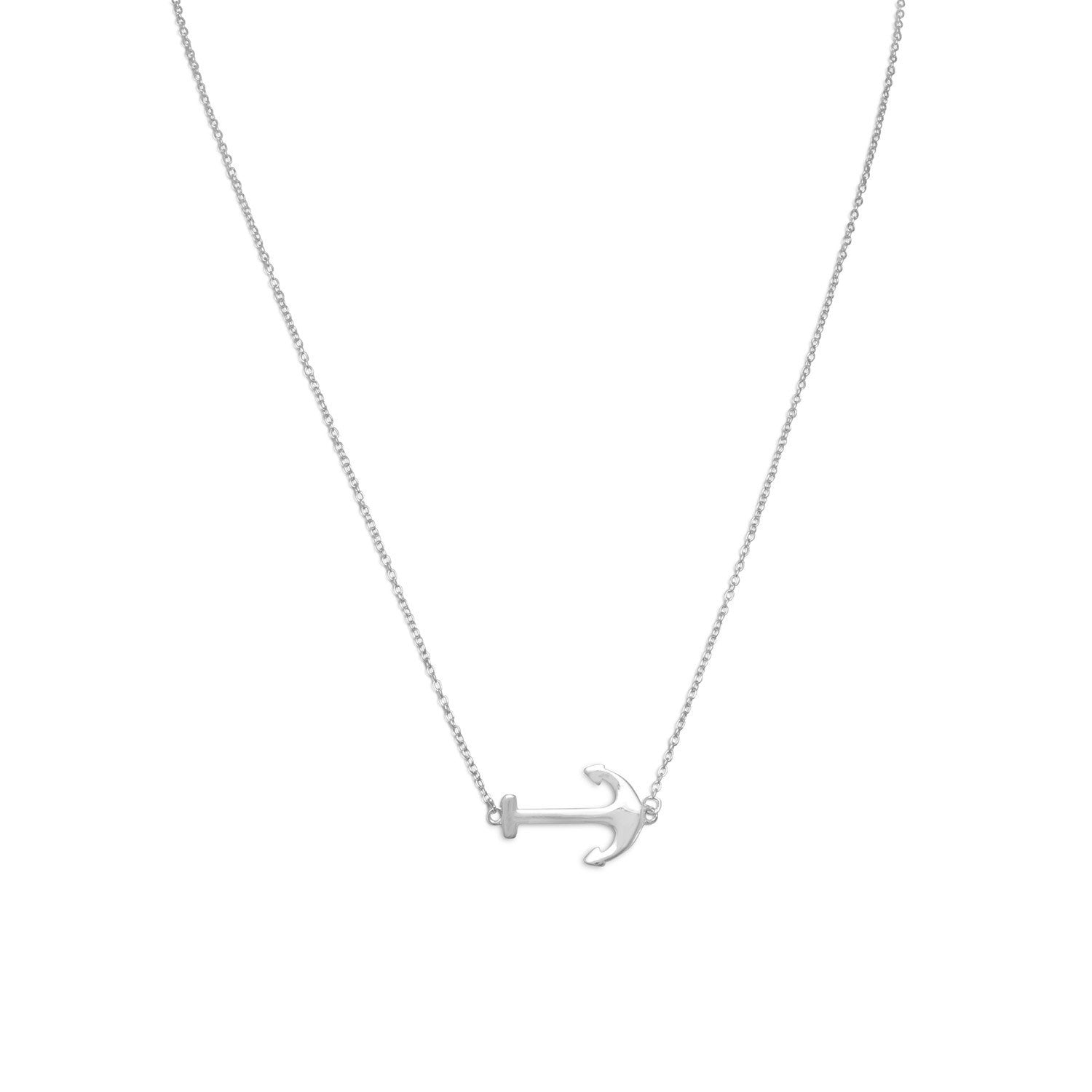 16" + 2" Rhodium Plated Sideways Anchor Necklace