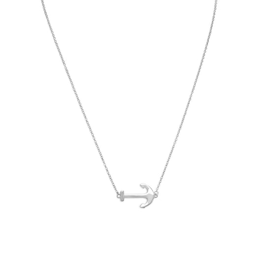 16" + 2" Rhodium Plated Sideways Anchor Necklace