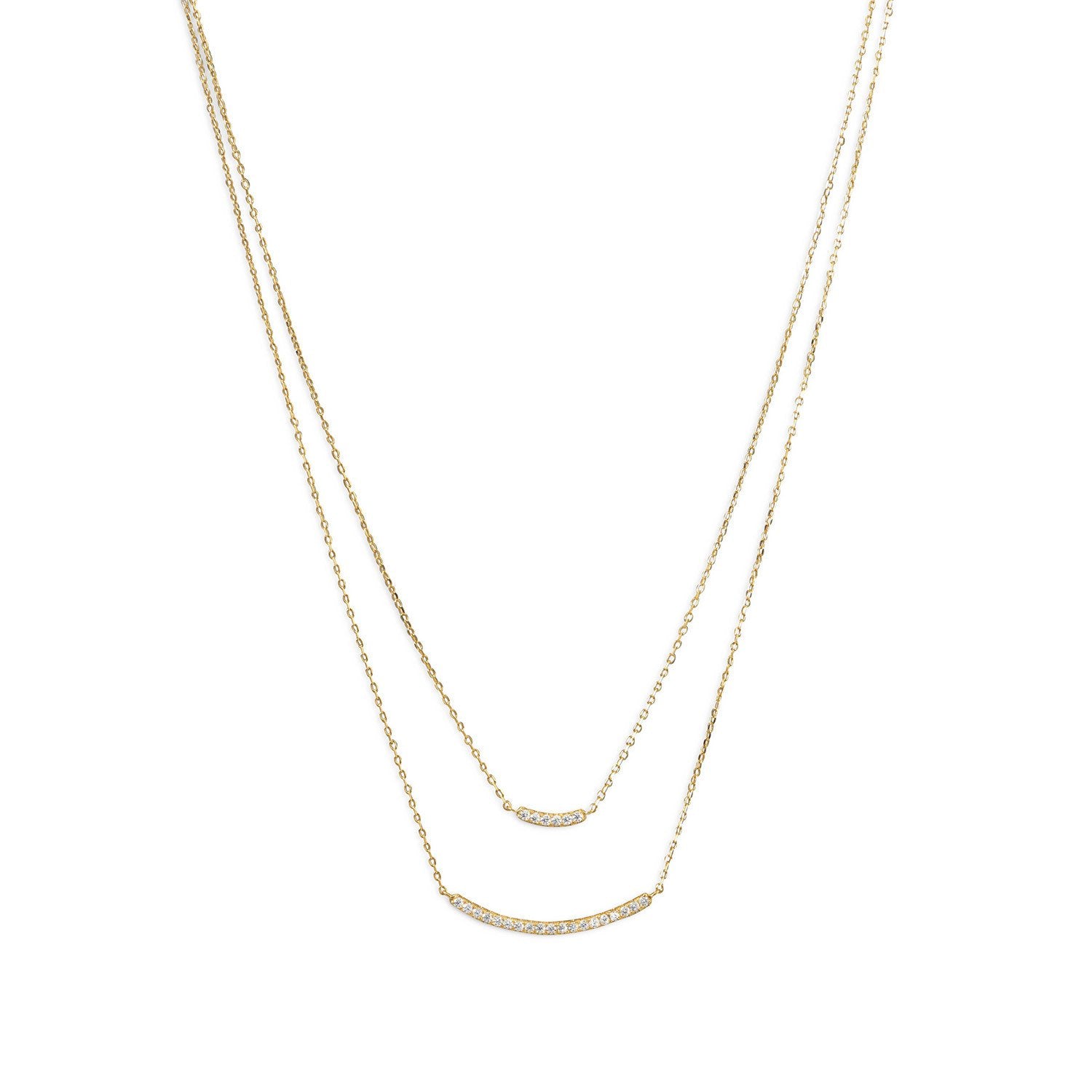 14 Karat Gold Plated Double Strand Curved CZ Bar Necklace