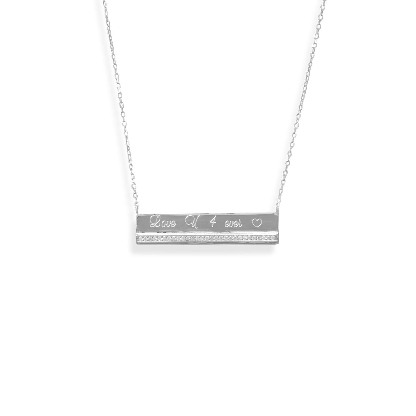 Rhodium Plated CZ Polished Bar Necklace