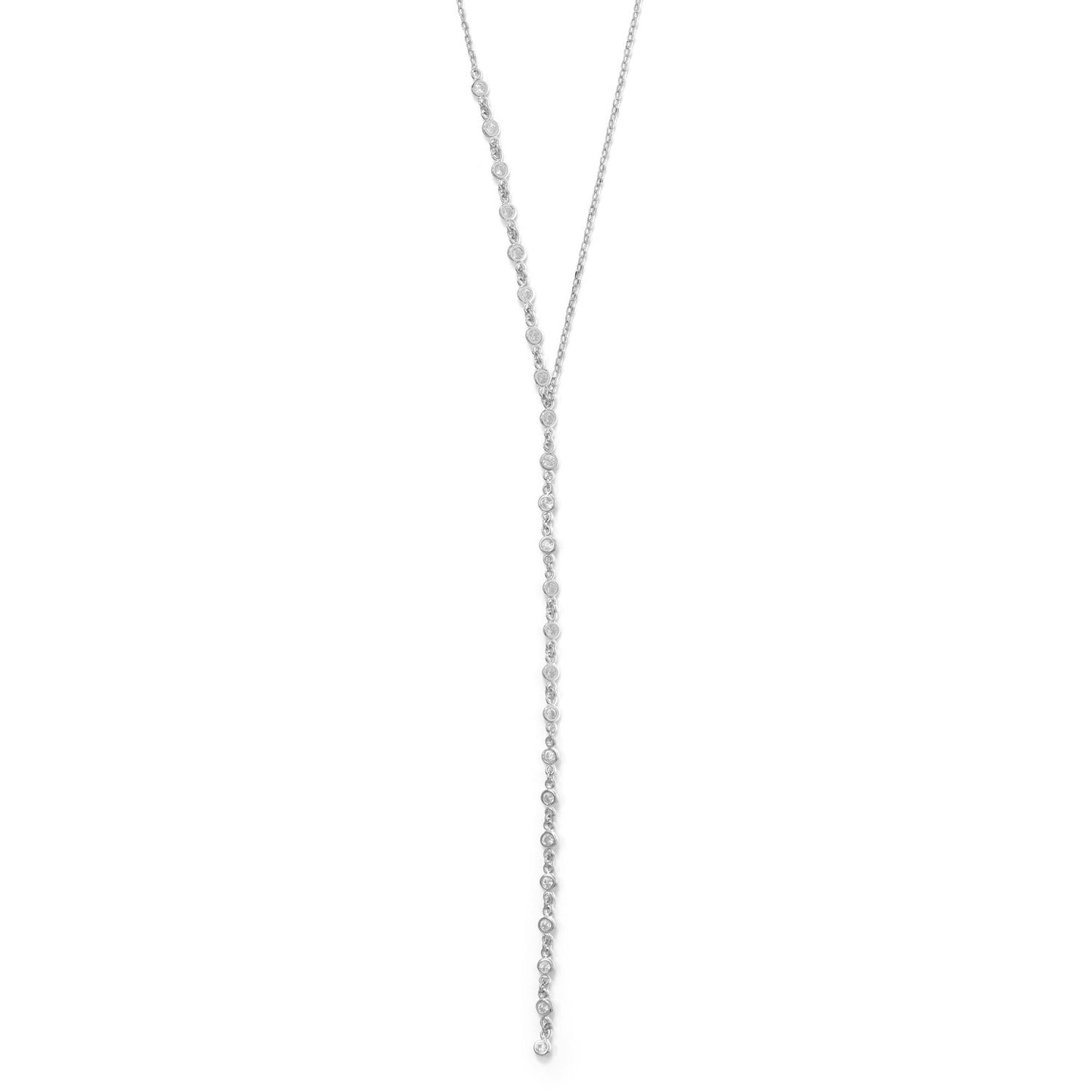 16"+2 Rhodium Plated Bezel CZ Lariat Necklace