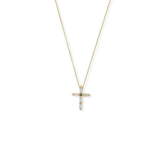 Bodacious Baguettes! 16" + 2" White and Green CZ Cross Necklace