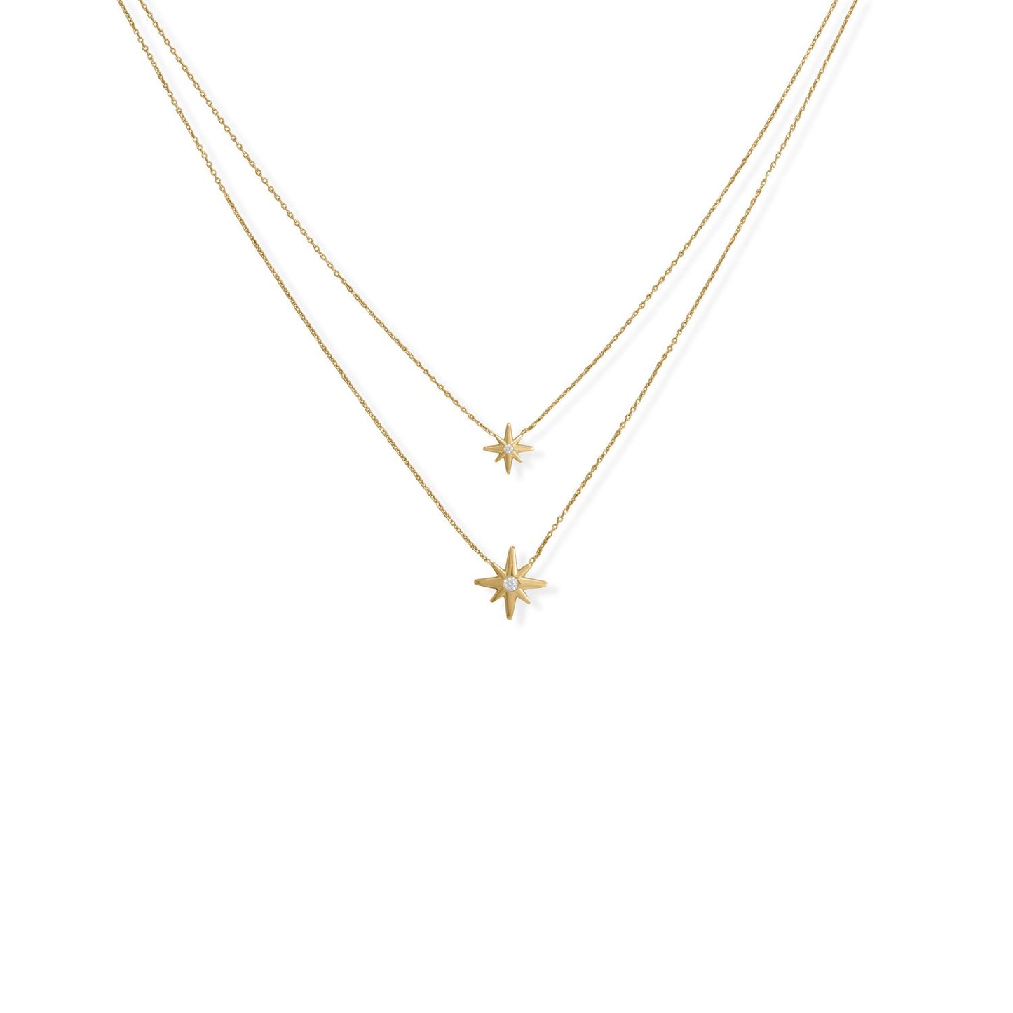 16"/17"+2" 14 Karat Gold Plated Two Strand CZ Star Necklace