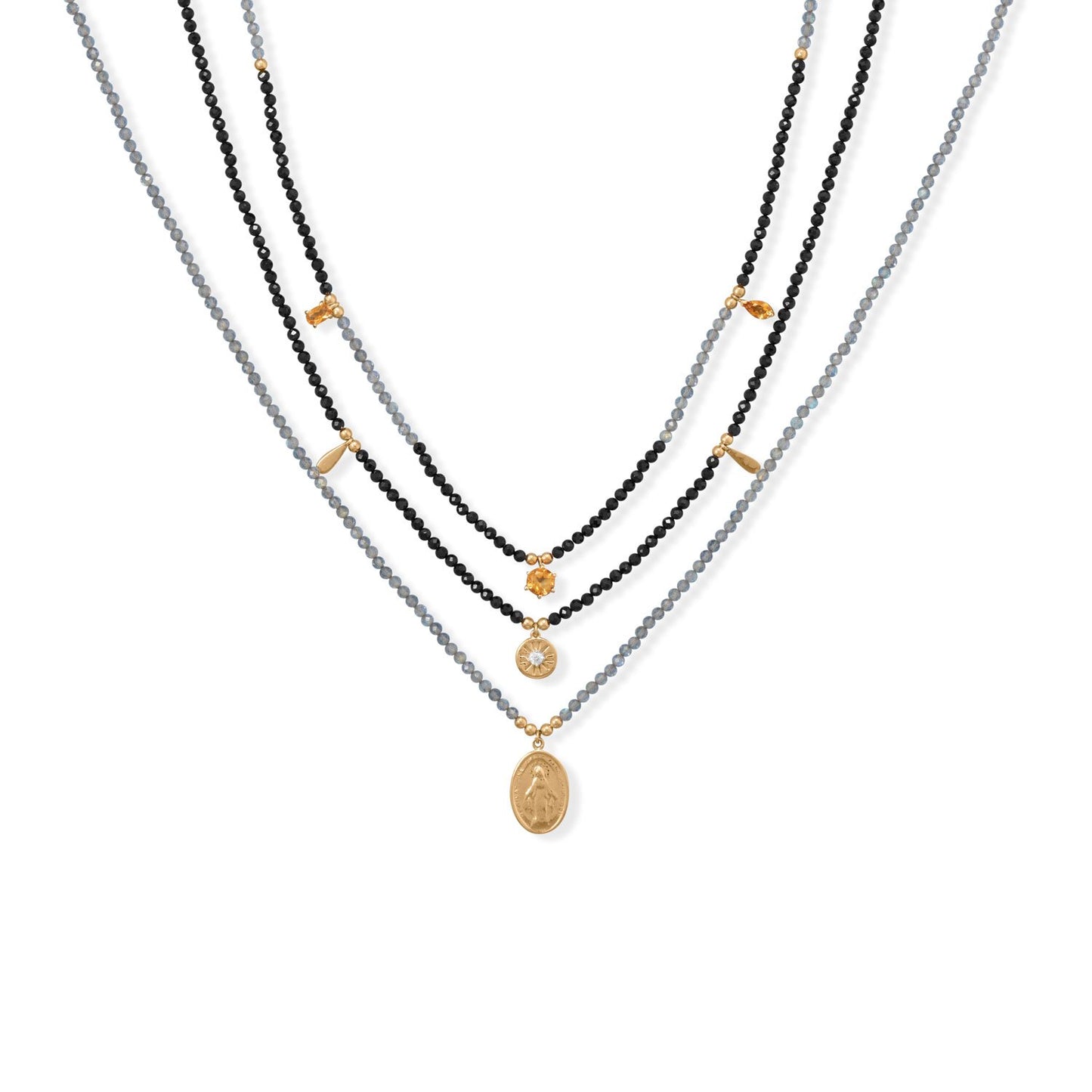 16" + 2" 14 Karat Gold Plated Charm and Black Spinel Necklace