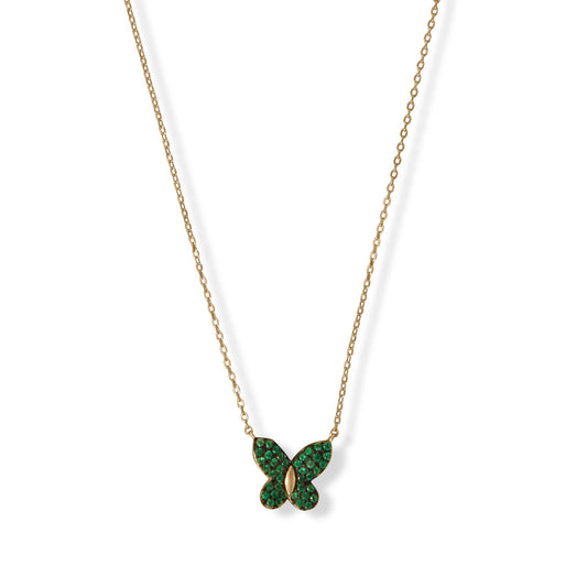 15" + 2" 14 Karat Gold Plated Green CZ Butterfly Necklace