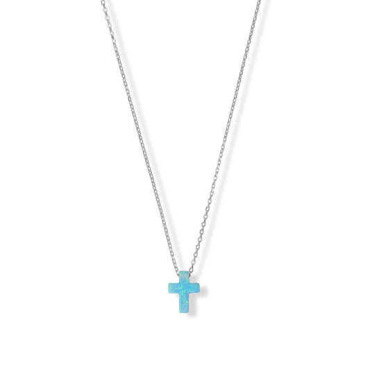 16" + 2" Rhodium Plated Synthetic Opal Cross Necklace