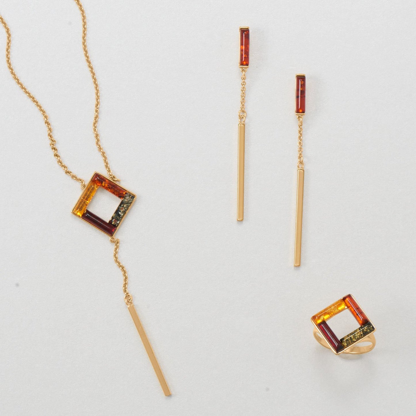 17" + 2" 24 Karat Gold Plated Square Amber Drop Necklace