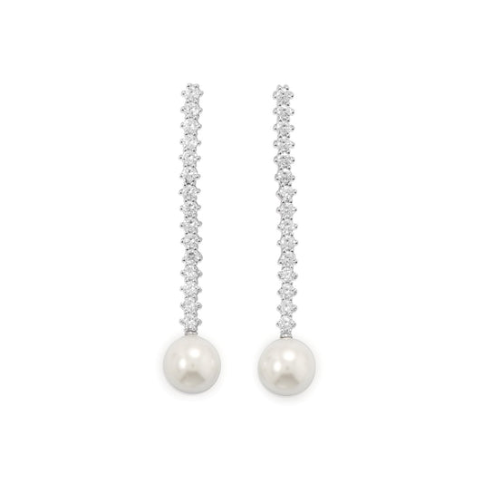 Rhodium Plated CZ and Simulated Pearl Drop Earrings