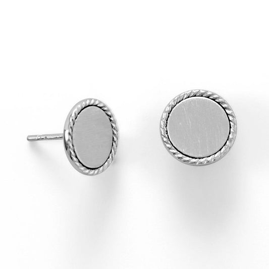 Engravable Rhodium Plated Rope Edge Disk Stud Earrings