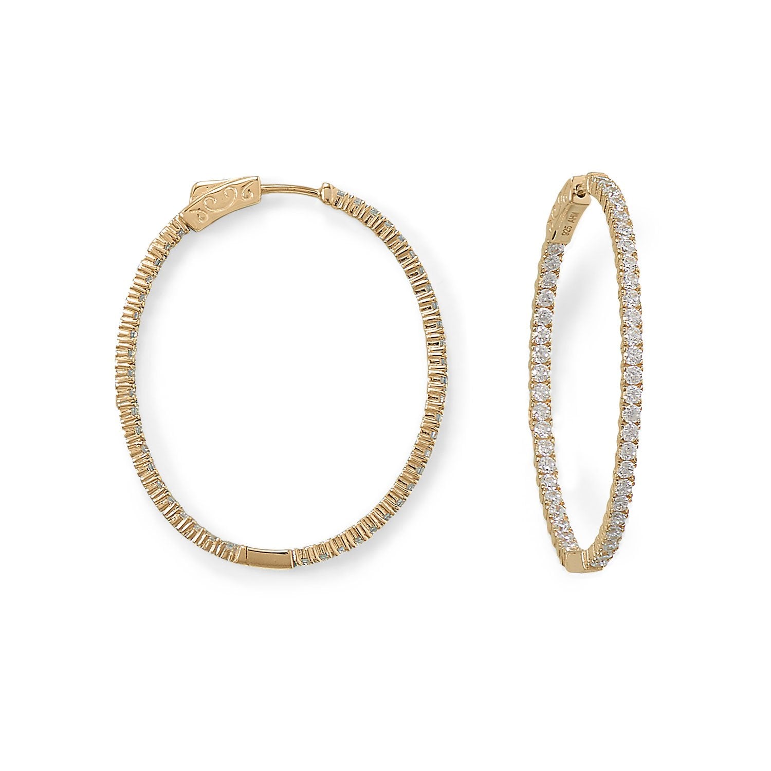 14 Karat Gold Plated Oval In/Out CZ Hoop Earrings