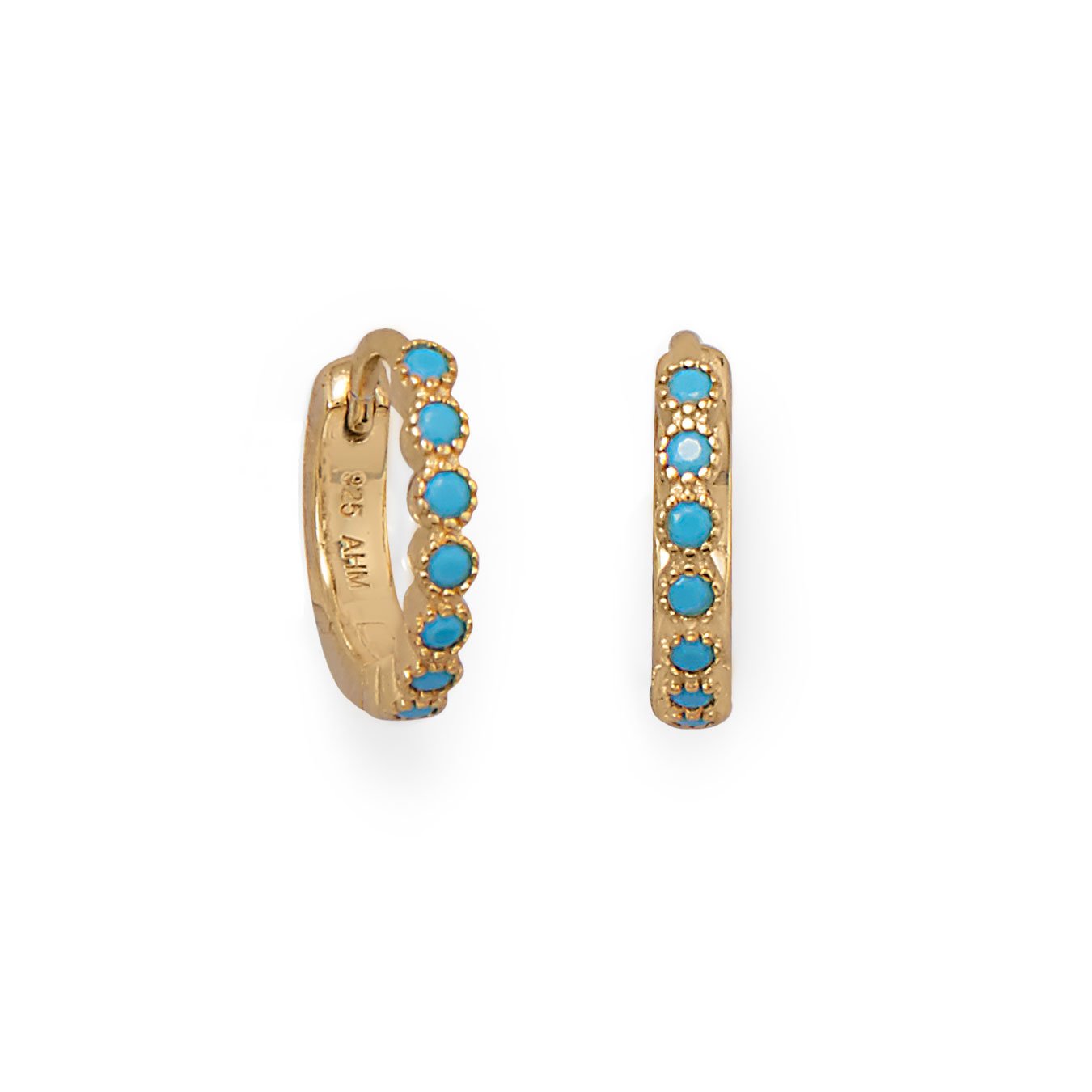 14 Karat Gold Plated Turquoise CZ Hoop Earrings