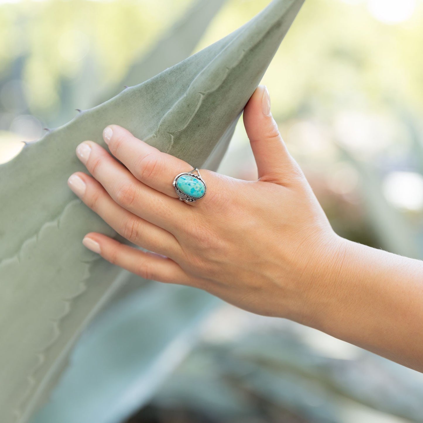 Oval Reconstituted Turquoise Floral Design Ring