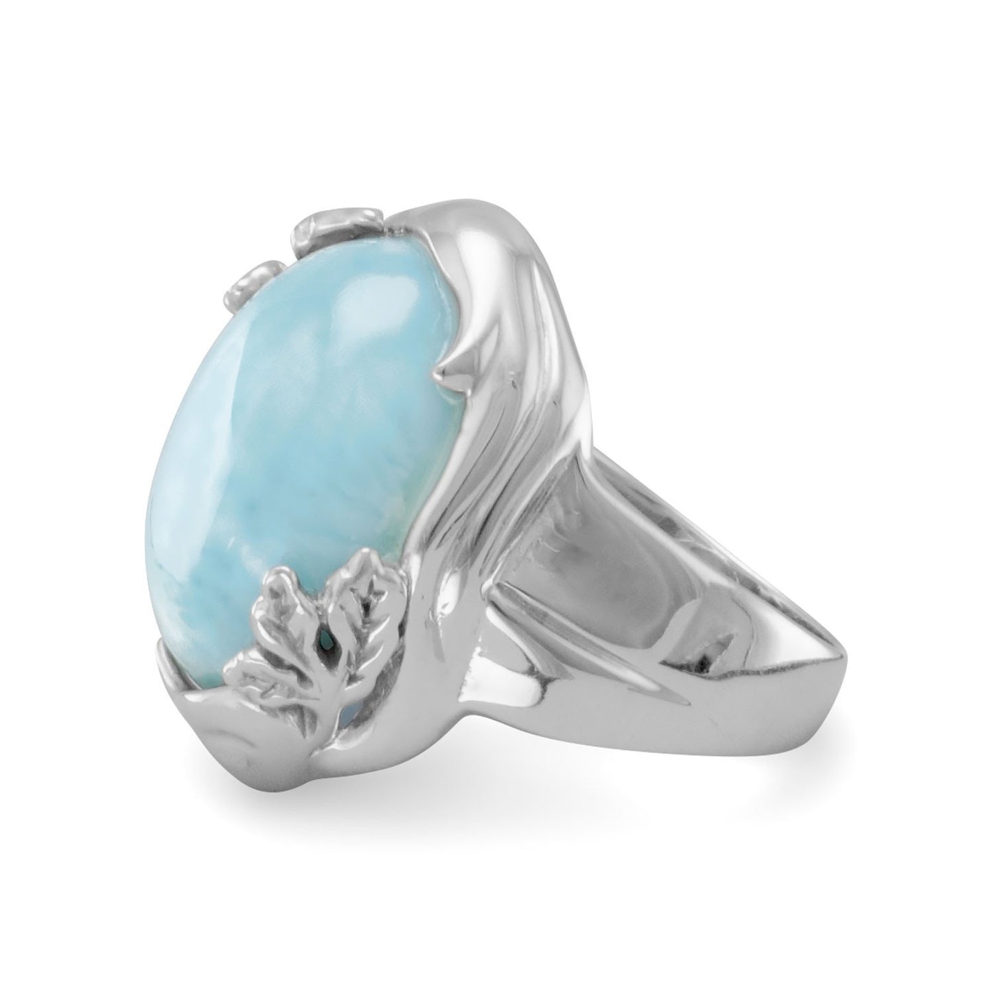 Rhodium Plated Larimar Ring with Leaf Design