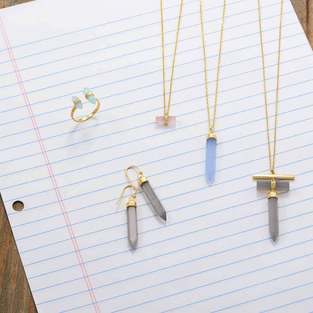 14 Karat Gold Plated Spike Pencil Cut Blue Chalcedony Necklace