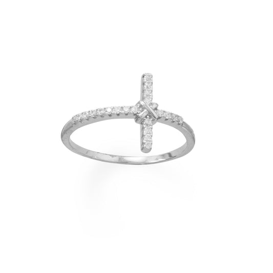 Rhodium Plated CZ Sideways Cross Ring