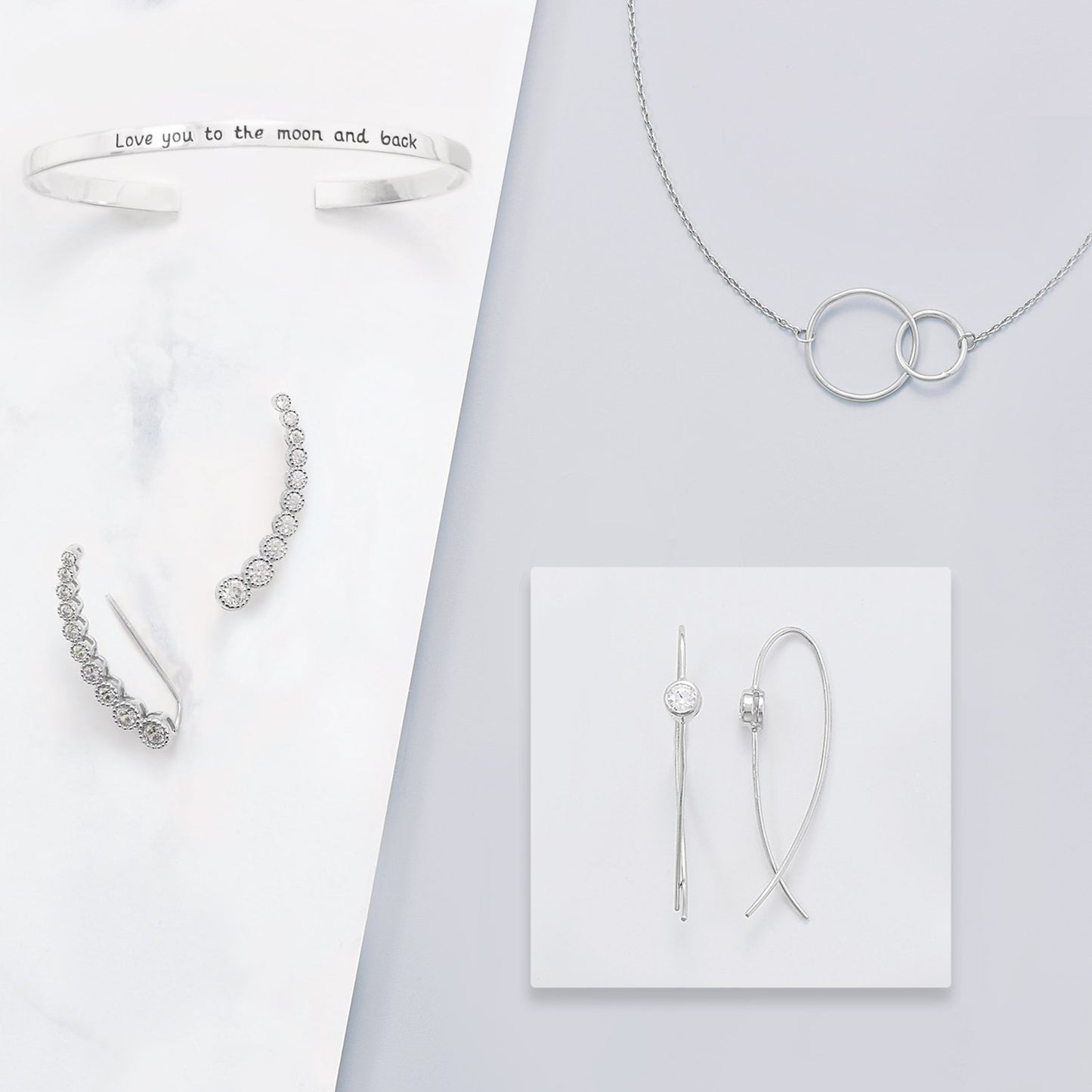 Textured Rhodium Plated Bezel CZ Ear Climbers