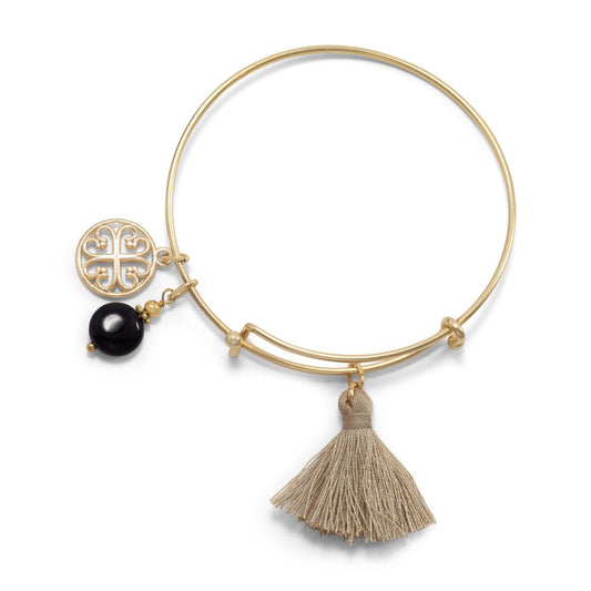 Gold Tone Expandable Tan Tassel and Black Onyx Charm Fashion Bangle Bracelet