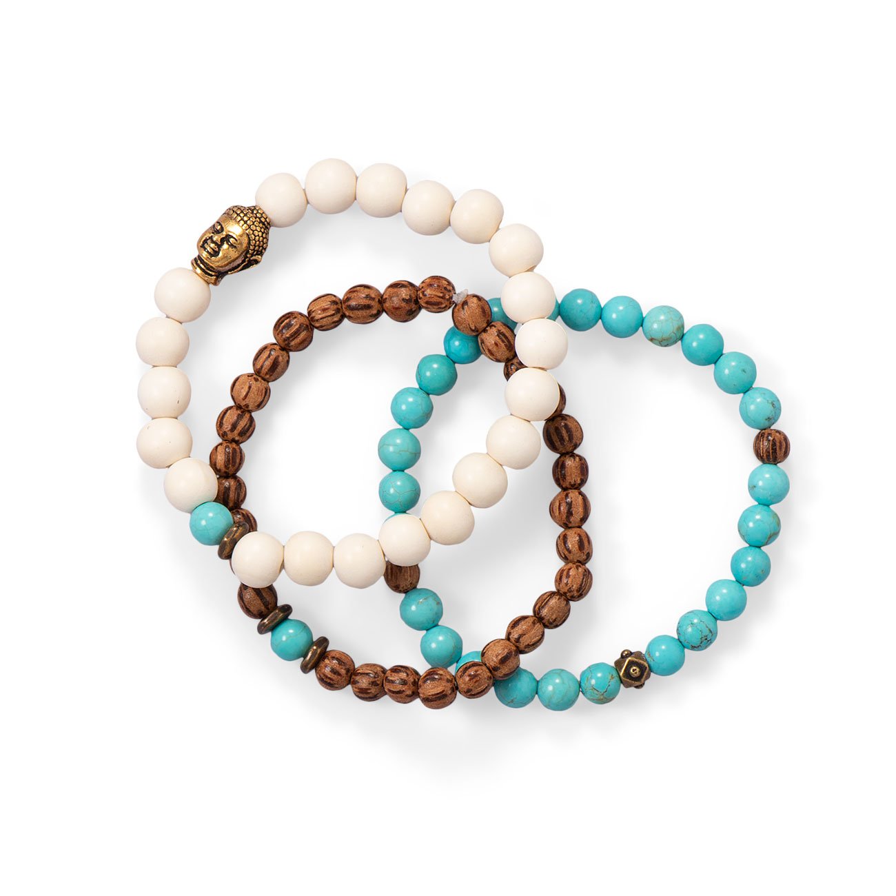 Wood and Magnesite Buddha Stretch Bracelet Set